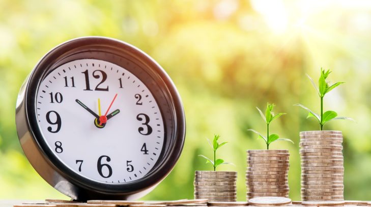 coins growing with plants and clock
